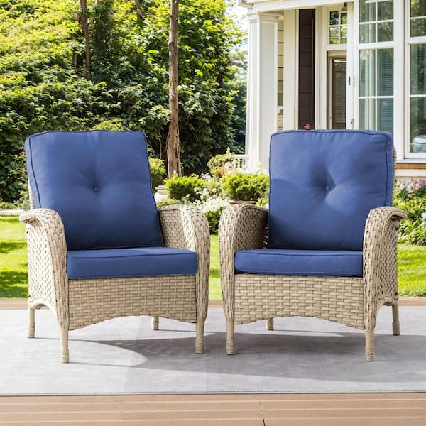 Patio Light Beige Wicker Outdoor Lounge Chair with Blue Cushions and Flat Armrest (2-Pack)