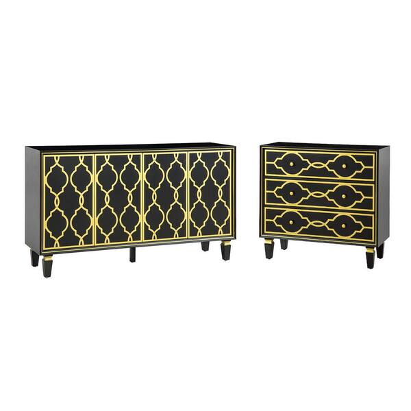 JAYDEN CREATION Beatrice 2-Piece Black Wood 61 in. Sideboard Living Room Set with Special Patterns