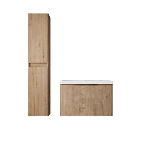 UPIKER Combined 29.5 in. W X 18.1 in. D x 19.3 in. H Floating Bath Vanity in Imitative Oak with White Resin Vanity Top