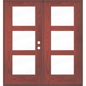 Modern 72 in. x 80 in. 3-Lite Left-Active/Inswing Clear Glass Redwood Stain Double Fiberglass Prehung Front Door