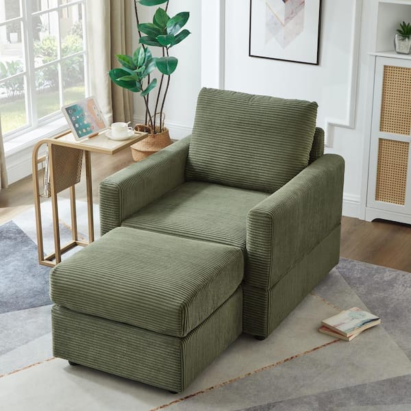 JUJABU Green Polyester Classic Corduroy Chaise Lounge with Ottoman for Living Room