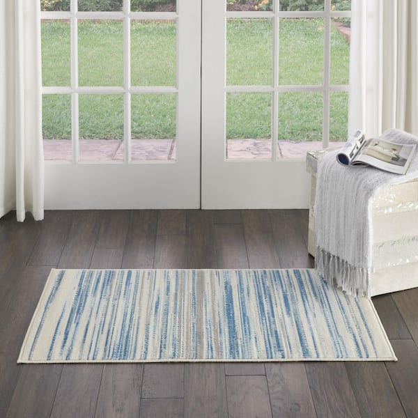 2 ft. x 4 ft. Ivory Blue and Gray Striped Area Rug