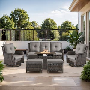 6-Piece Brown Wicker Fire Pit Conversation Set with Olefin Gray Cushions and Curved Arm Swivel Glider Chairs