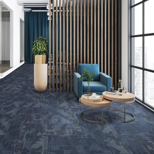 Elite - Azure Knight - Blue Commercial/Residential 12 x 36 in. Glue-Down or Floating Carpet Tile Plank (42 sq. ft.)