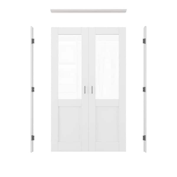 48 in. x 80 in. 1/2-Lite Clear Glass Universal White Solid Core Glass Double Prehung French Door + Quick Jamb&Ball Catch