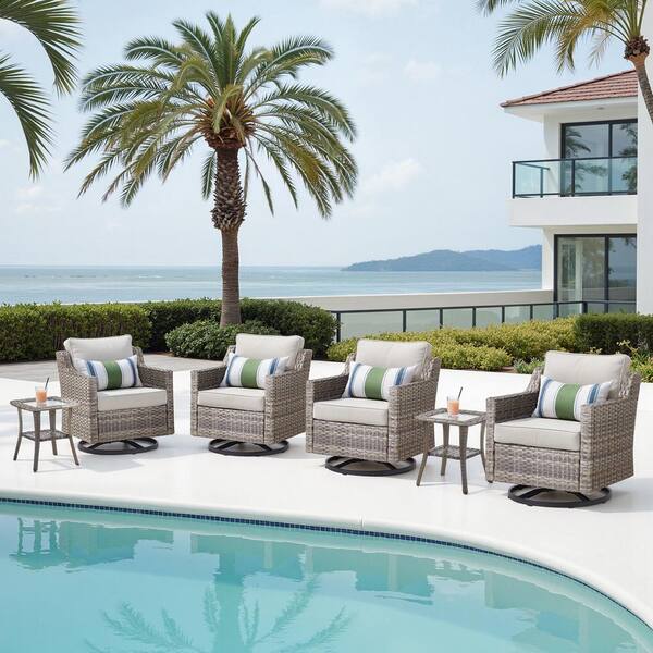 6-Piece Wicker Patio Conversation Set, 4-Swivel Chairs and Side Table with Beige Cushions