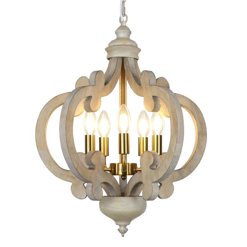 5-Light Gold Wood Rustic Antique Farmhouse Chandelier for Kitchen Island Di
