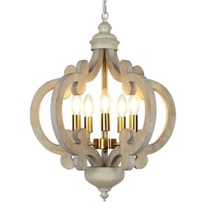 5-Light Gold Wood Rustic Antique Farmhouse Chandelier for Kitchen Island Dining Room