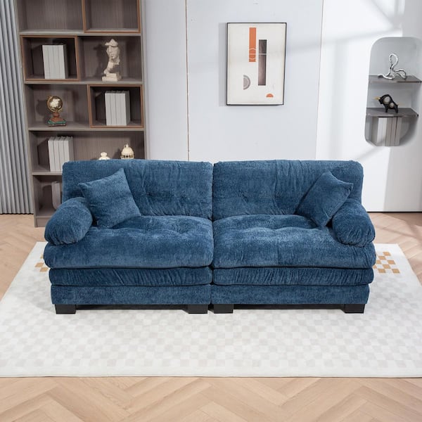 84 in. Dual-Layer Modular Chenille Rectangle Deep Seat Pillow Top Arm Sectional Sofa in Blue