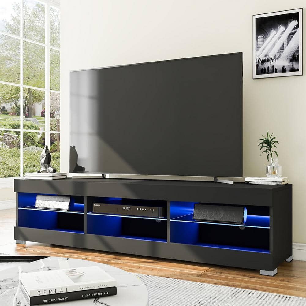 57.1 in. Black TV Stand with 6 Open Layers Fits TV's up to 65 in. with RGB LED Light -  WOODYHOME