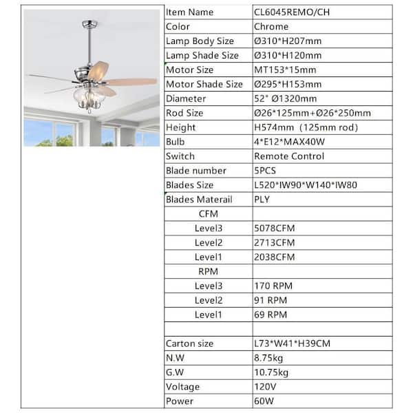 Jushua 52 in. Indoor Chrome Crystal Ceiling Fan with Remote
