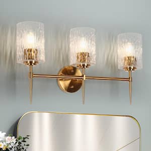 Modern 23.6 in. 3-Light Plating Brass Cylinder Hardwired Vanity Light with Clear Ripple Glass Shades for Bathroom