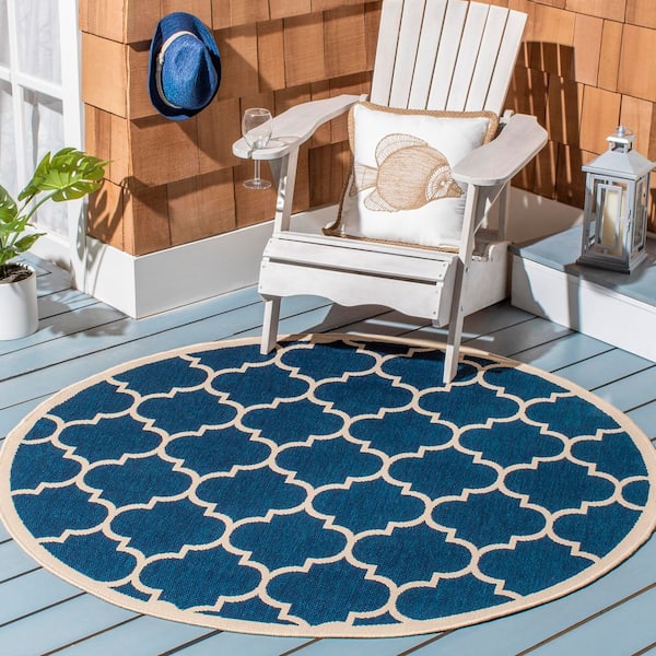 Courtyard Navy/Beige 8 ft. x 8 ft. Round Geometric Indoor/Outdoor Patio  Area Rug