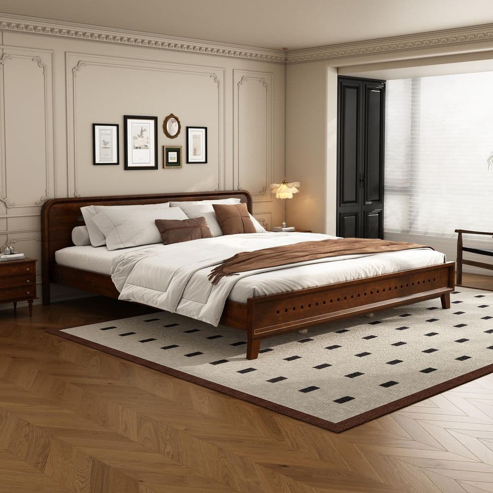 Aspen Rustic Dark Walnut Brown Wood Frame King Size Platform Bed with Headboard, Wooden Slats