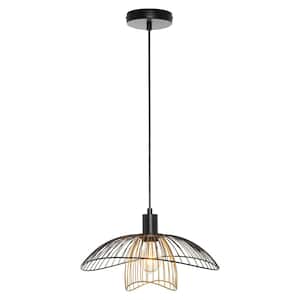 Yara 13.875 in. 1-Bulb Black Metal Pendant Light with Bowl-Shaped Black and Gold Metal Shade
