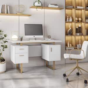 51.25 in. White and Gold 2 Drawer Modern Office Desk with Drawers and Storage Cabinet