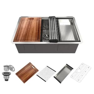 30 in. Undermount Single Bowl 18-Gauge Brushed Stainless Steel Kitchen Sink with Accessories