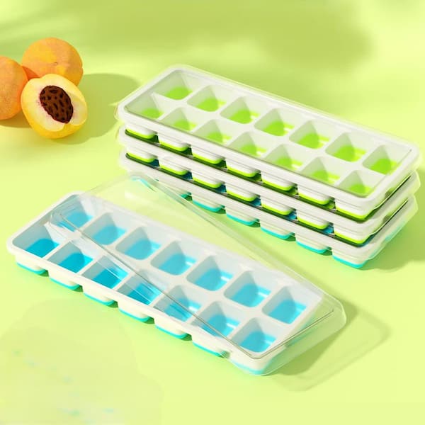 4-Pack Silicone Ice Cube Trays with Removable Lids, Stackable 14-Cube Freezer Molds, BPA-Free Whiskey Cocktail Ice Maker