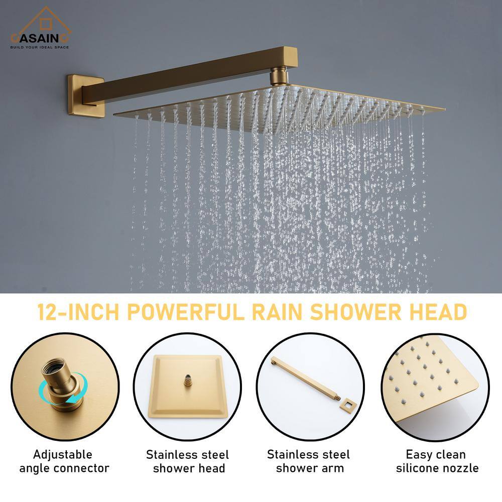 Brushed Gold Thermostatic Wall Mounted Rainfall Shower System with Body Jets