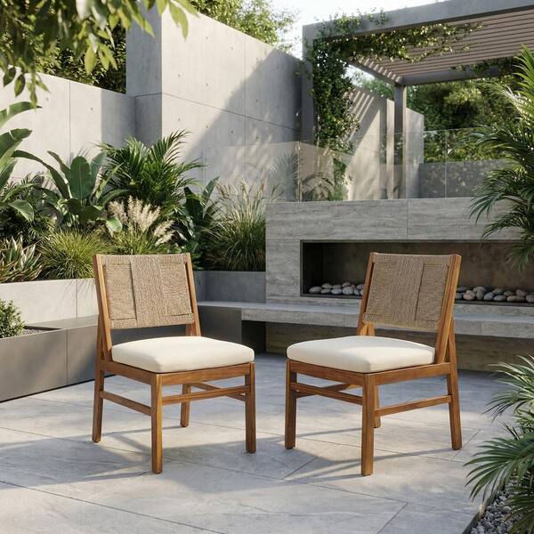 Sudzendf Teak Acacia Wood Outdoor Dining Chair with Beige Cushions