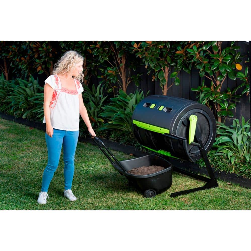 65 Gallon Black and Green Plastic Tumbler Composter with Cart