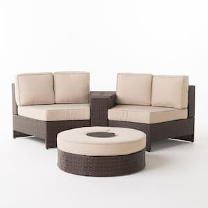 4-Piece Faux Rattan Outdoor Patio Sectional Seating Set with Textured Beige Cushions
