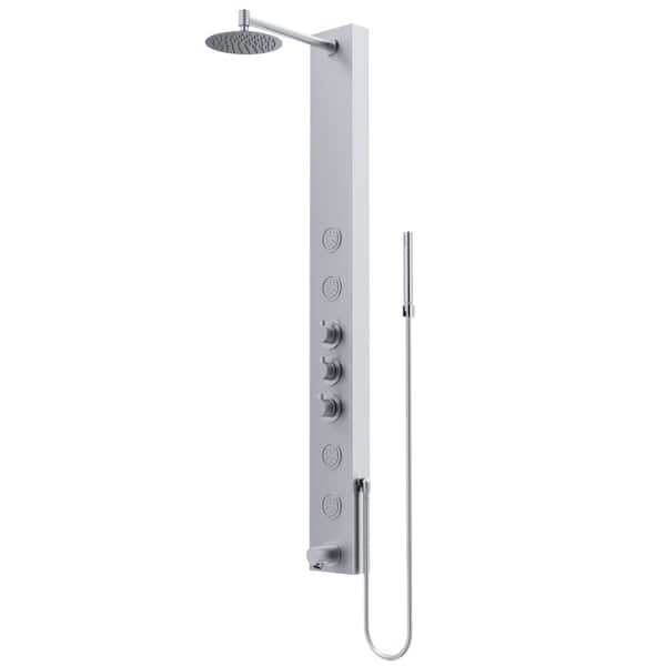 VIGO Bowery 59 in. H x 6 in. W 4-Jet Shower Panel System with Round Head, Tub Filler and Hand Shower Wand in Stainless Steel