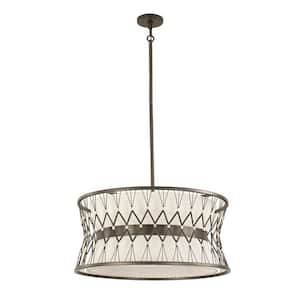 Joliet 22 in. W x 12 in. H 6-Light Brown Rumba Pendant Light with Off White Fabric Shade