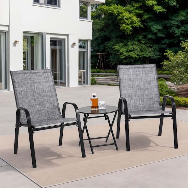 Sudzendf 3-Piece Gray Metal Patio Conversation Seating Set, Outdoor Camping Chairs with Breathable Fabric & Folding Table