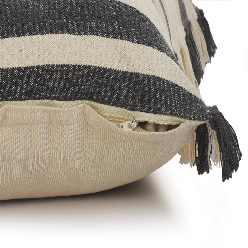 Gray and White 20" Square Striped Fringe Throw Pillow