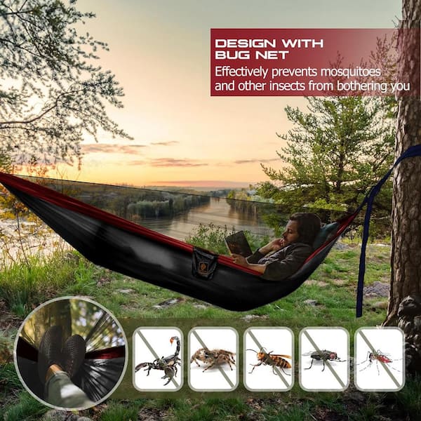 9.5 ft. Camping Portable Lightweight Nylon Parachute Hammocks with Mosquito Net and 10 ft. Tree Straps in Black Red H2PH005OT266 The Home Depot