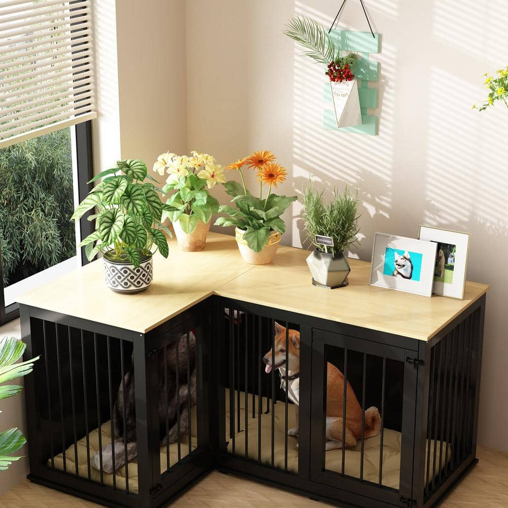 FUFU&GAGA Indoor Black Corner Dog Crate Cage for 2 Dogs, Large Dog Crate Furniture with Dividers Wooden Dog Cage for Medium Dogs