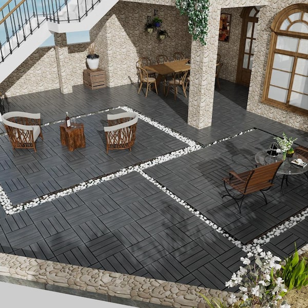 GOGEXX 11.8 in. W x 11.8 in. L Outdoor Striped Pattern WPC Composite Interlocking Flooring Deck Tiles (Set of 22) in Dark Gray