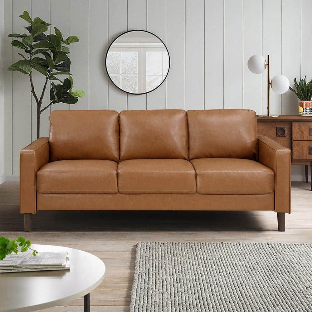 Apollo 77 in. W Straight Arm Faux Leather Rectangle Sofa in. Brown ...