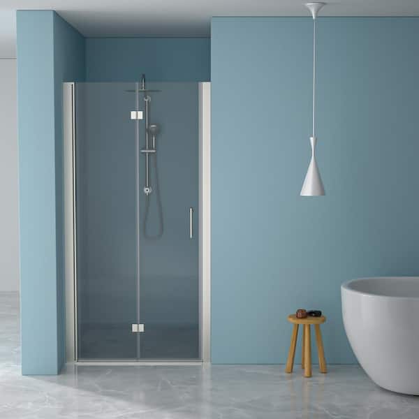 JimsMaison 32 in. W x 72 in. H Bifold Semi-Frameless Shower Door in Nickel Finish with Clear Glass