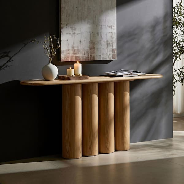 Justise 66.93 in. Modern Natural Oval Wood Console Table with Unique Cylinders Legs