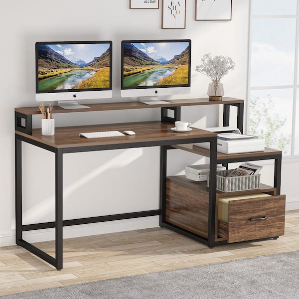 Computer Desk with Drawers, Wood Home Office Writing Desk with Storage  Shelf for Home Office, Rustic Brown
