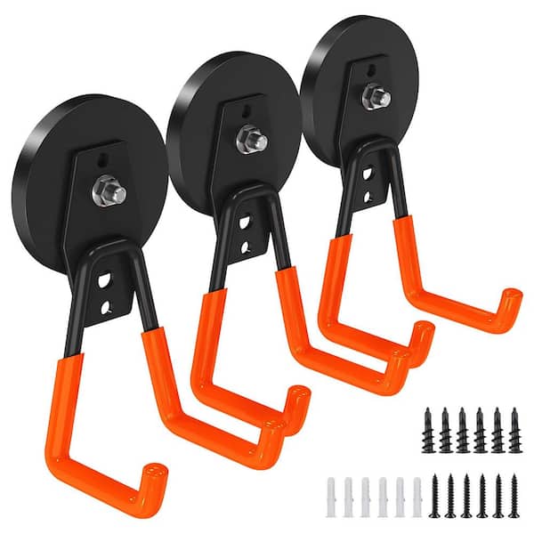3-Pieces Orange Steel Magnetic Hooks Heavy Duty Non-Slip Rubber Coated Garage Magnet Hooks for Tools Storage