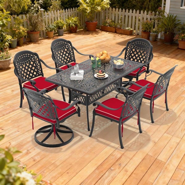 Isabella 7-Piece Cast Aluminum Outdoor Dining Set with Red Cushions with Dining Chairs, Swivel Rockers and Dining Table