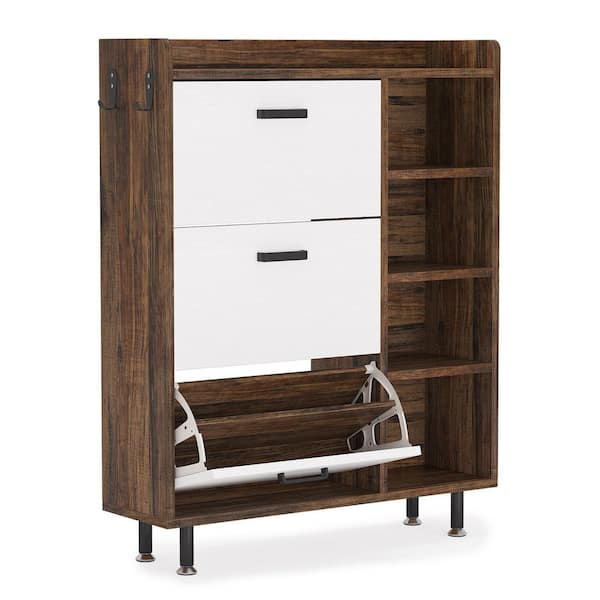 TRIBESIGNS WAY TO ORIGIN 43.3 in. H x 35.43 in. W Brown Wood Shoe Storage Cabinet with 3 Flip Drawers and 5 Tiers shelves