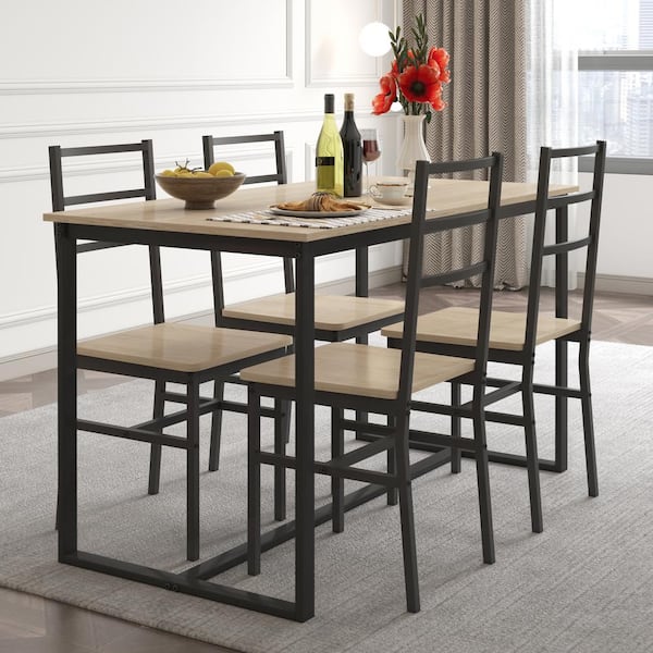 5-Piece Wood Outdoor Patio Dining Set Kitchen Table Set with Backrest