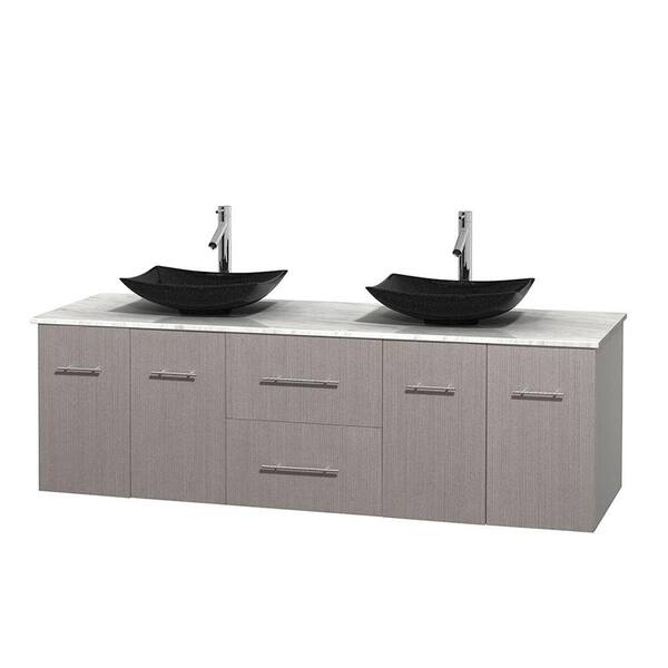 Wyndham Collection Centra 72 in. Double Vanity in Gray Oak with Marble Vanity Top in Carrara White and Black Granite Sinks