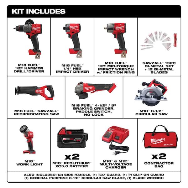 M18 FUEL 18V Lith-Ion Cordless Combo Kit w/ Two 5.0 Ah Batteries, Charger, Tool Bag, & Recip Saw Blade Set (7-Tool)