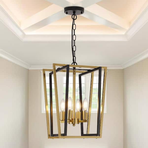 12.6 in. 4-Light Modern Gold Lantern Pendant Light with E12 Bulb (No Bulbs Included)