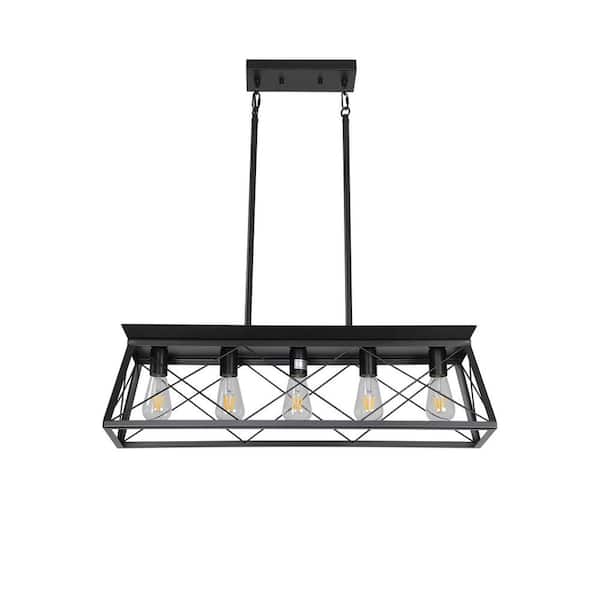 HKMGT Retro 31.5 in.W 5-Light Black Rustic Linear Chandelier for Kitchen with No Bulbs Included