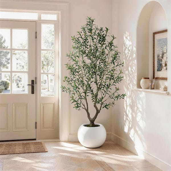 Vitalismo 7 ft. Artificial Olive Tree w/ White Planter Full Large Faux Olive Silk Tree Artificial Plants for Indoor Outdoor Decor