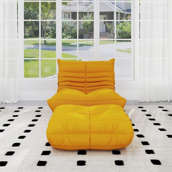 Yellow Teddy Velvet Polyester 34 in. Fireside Lazy Bean Bag Chair Rebound Sponge Lounge Floor Sofa with Ottoman