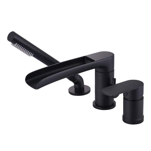 3-Holes Widespread Single-Handle Deck-Mount Brass Waterfall Roman Tub Faucet with Hand Shower in Matte Black