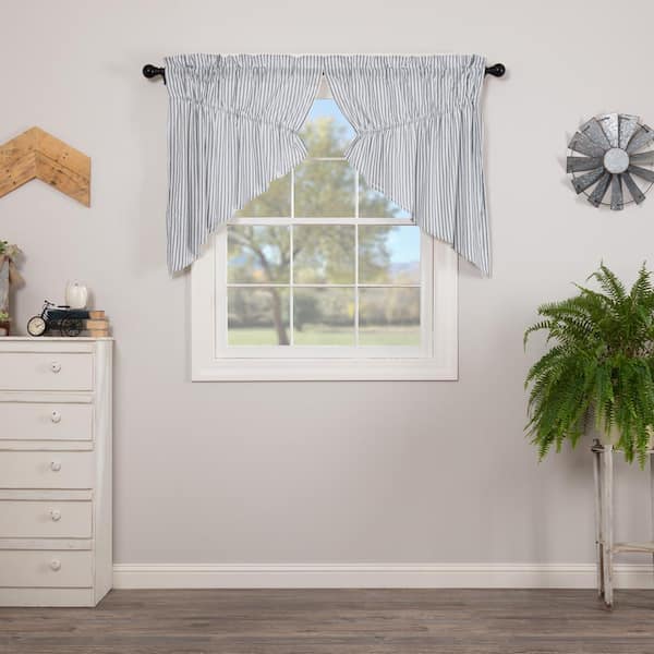 VHC BRANDS Sawyer Mill Ticking Stripe 36 in. L Cotton Prairie Swag Valance in Denim Blue Soft White Pair