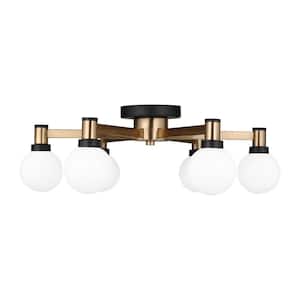 Judd 24 in. 6-Light Satin Brass and Black Contemporary Dimmable Semi-Flush Mount Ceiling Light with Etched Glass Shades